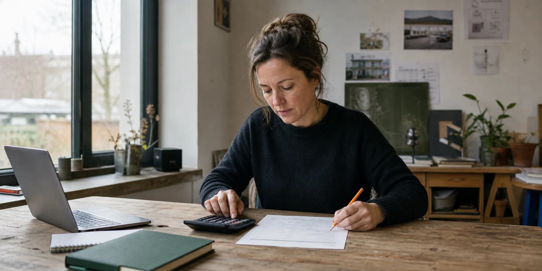 Een zelfstandige professional berekent haar uurtarief aan haar werktafel.