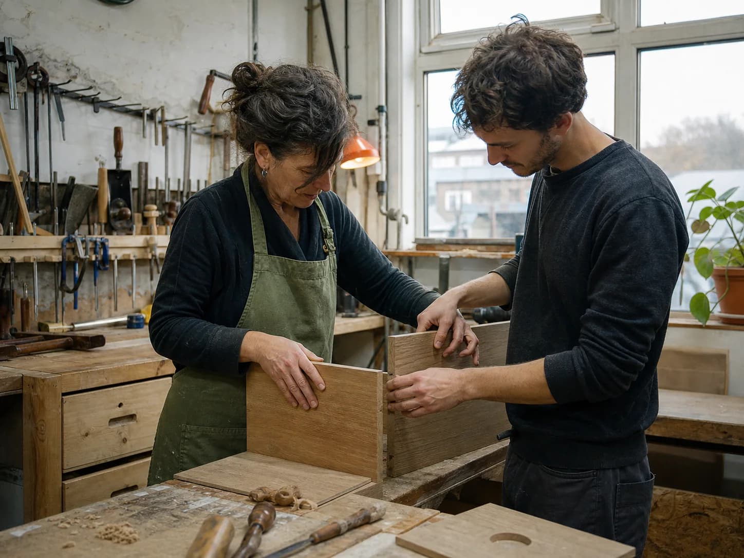 Twee meubelmakers passen samen twee eiken panelen op elkaar in een werkplaats vol gereedschap