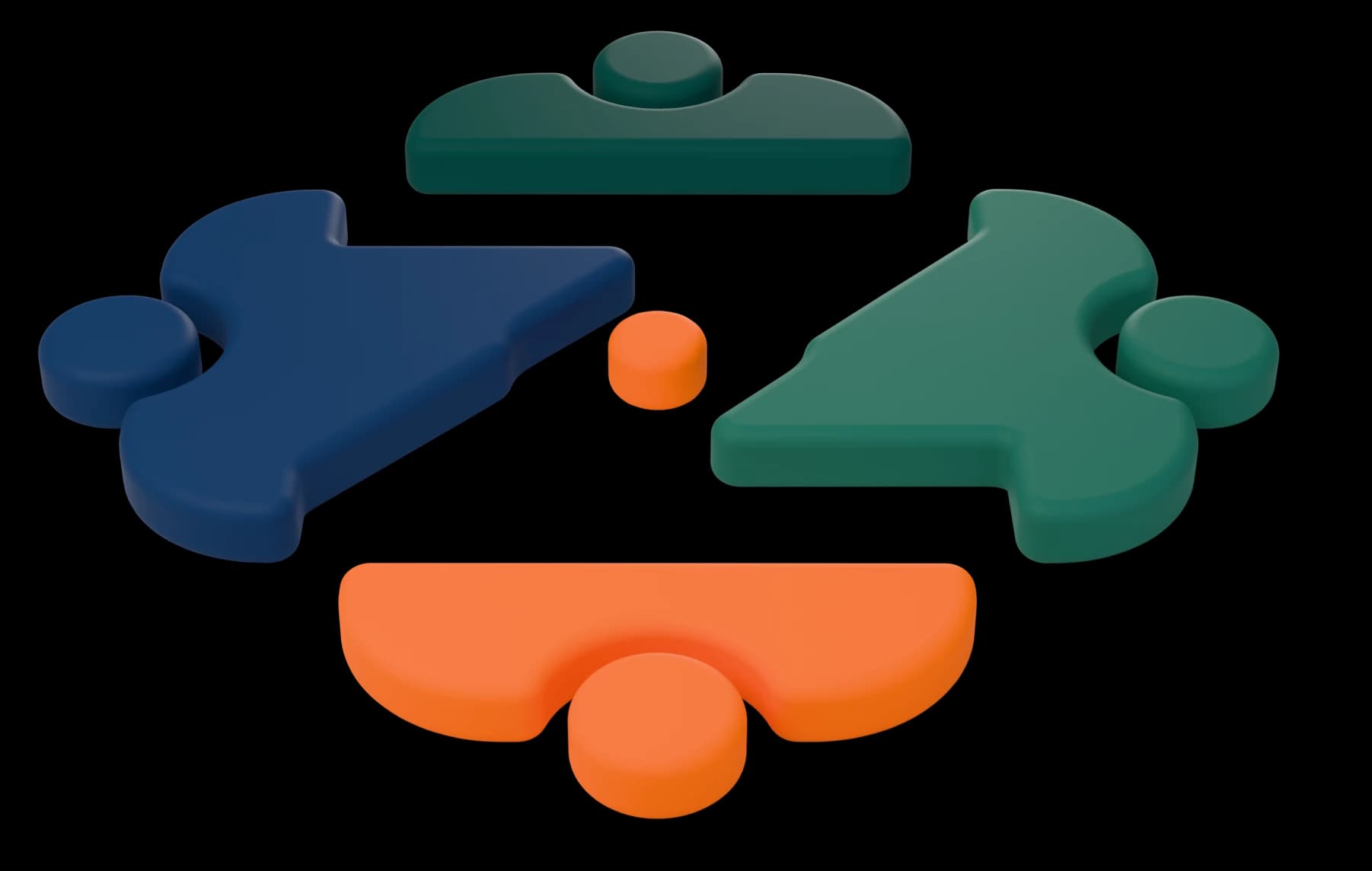 De vier figuren uit het ZZPPunt-beeldmerk als dikke, matte objecten rond de oranje punt: Handen, Podium, Balans en Voorzet.
