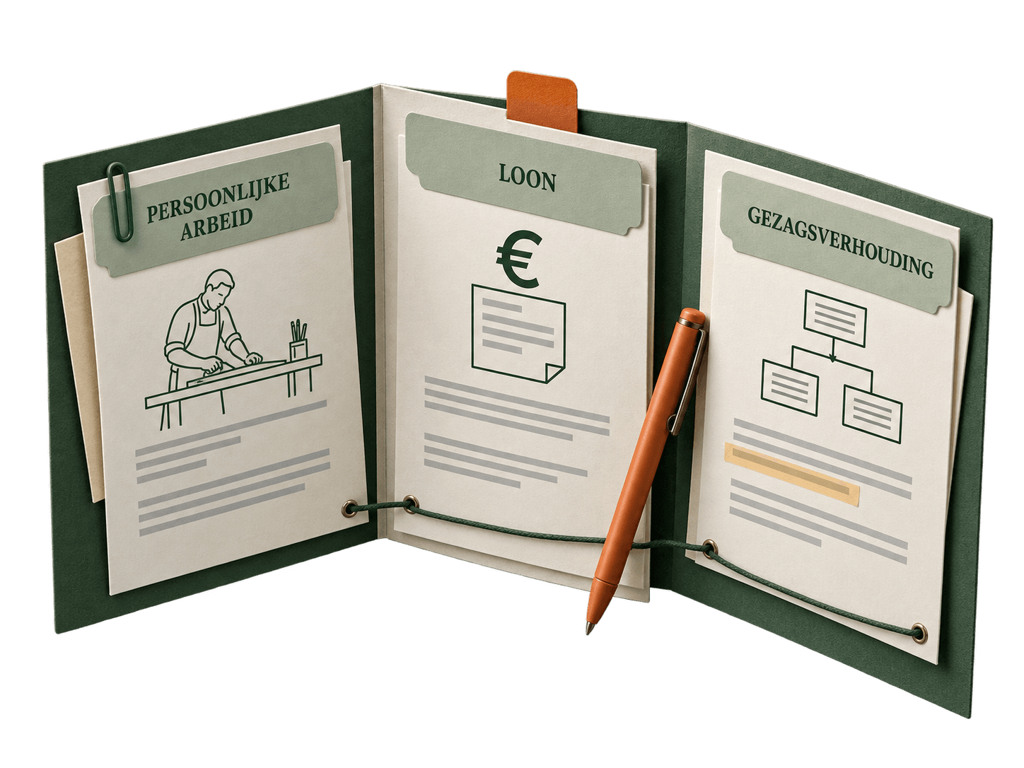 Een opengevouwen groen drieluik met drie kaarten: persoonlijke arbeid, loon en gezagsverhouding, elk met een klein pictogram.