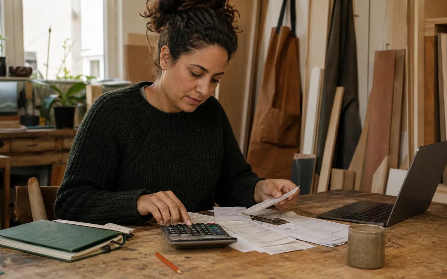 Zelfstandige meubelmaker controleert bonnetjes en cijfers aan zijn werktafel.