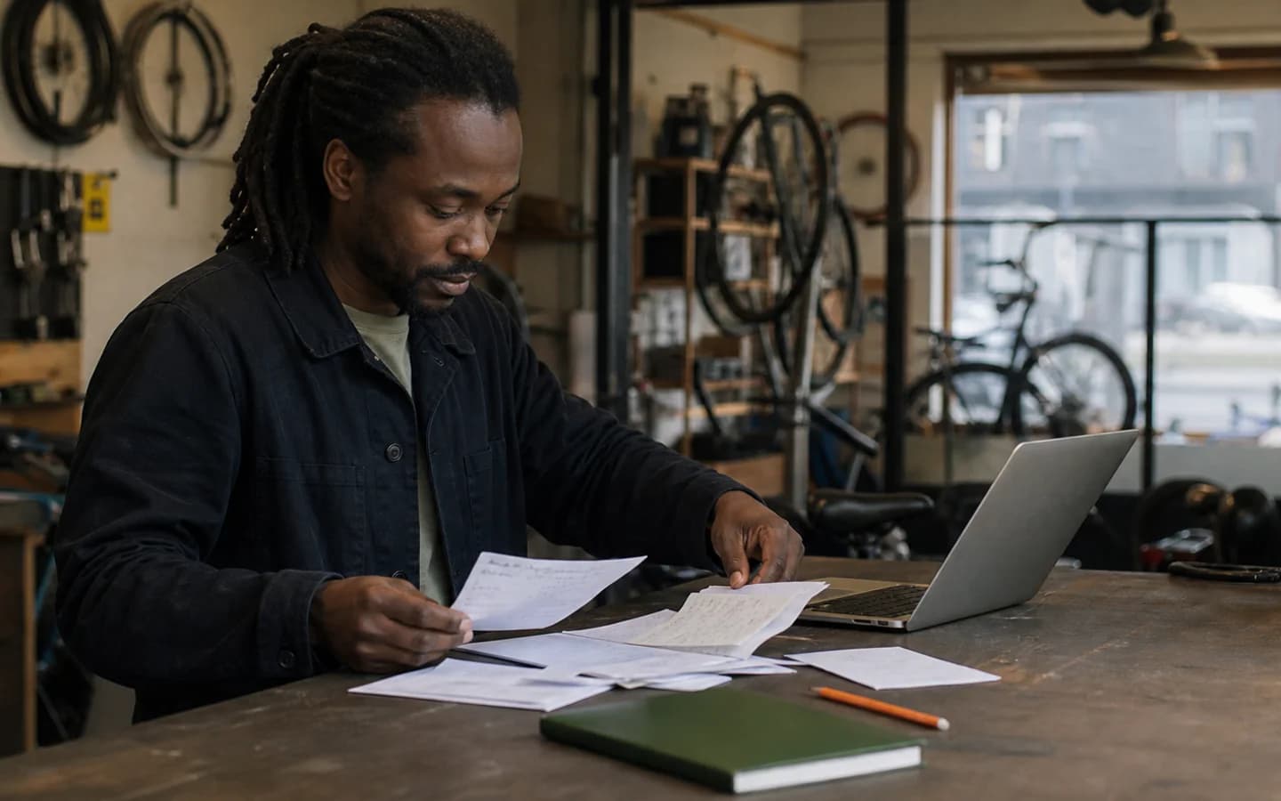 Fietsenmaker ordent klantvragen en notities naast zijn laptop in de werkplaats.