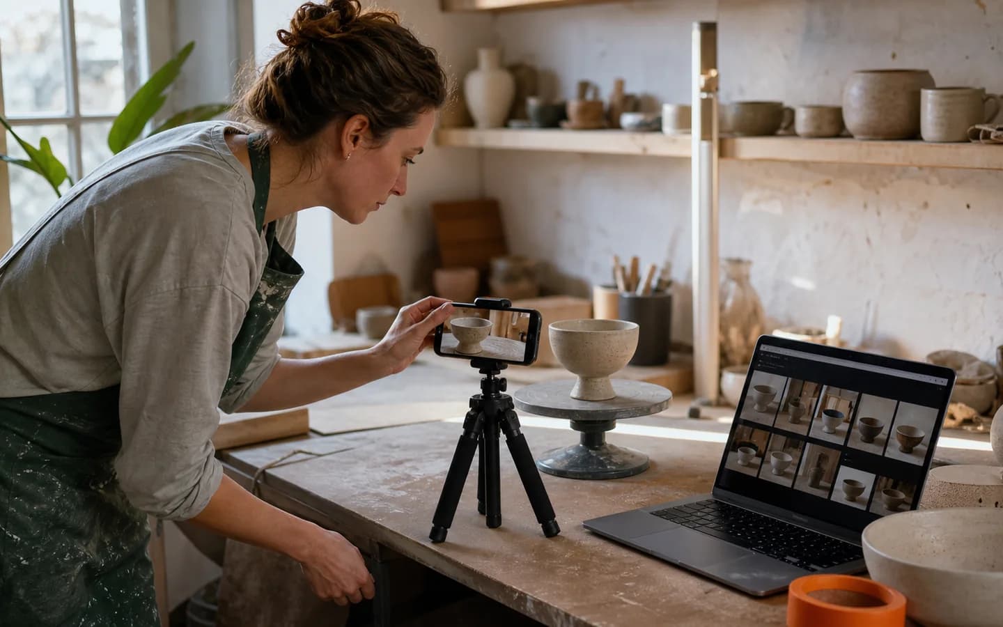 Keramiekmaker fotografeert haar werk voor nieuwe berichten op sociale media.