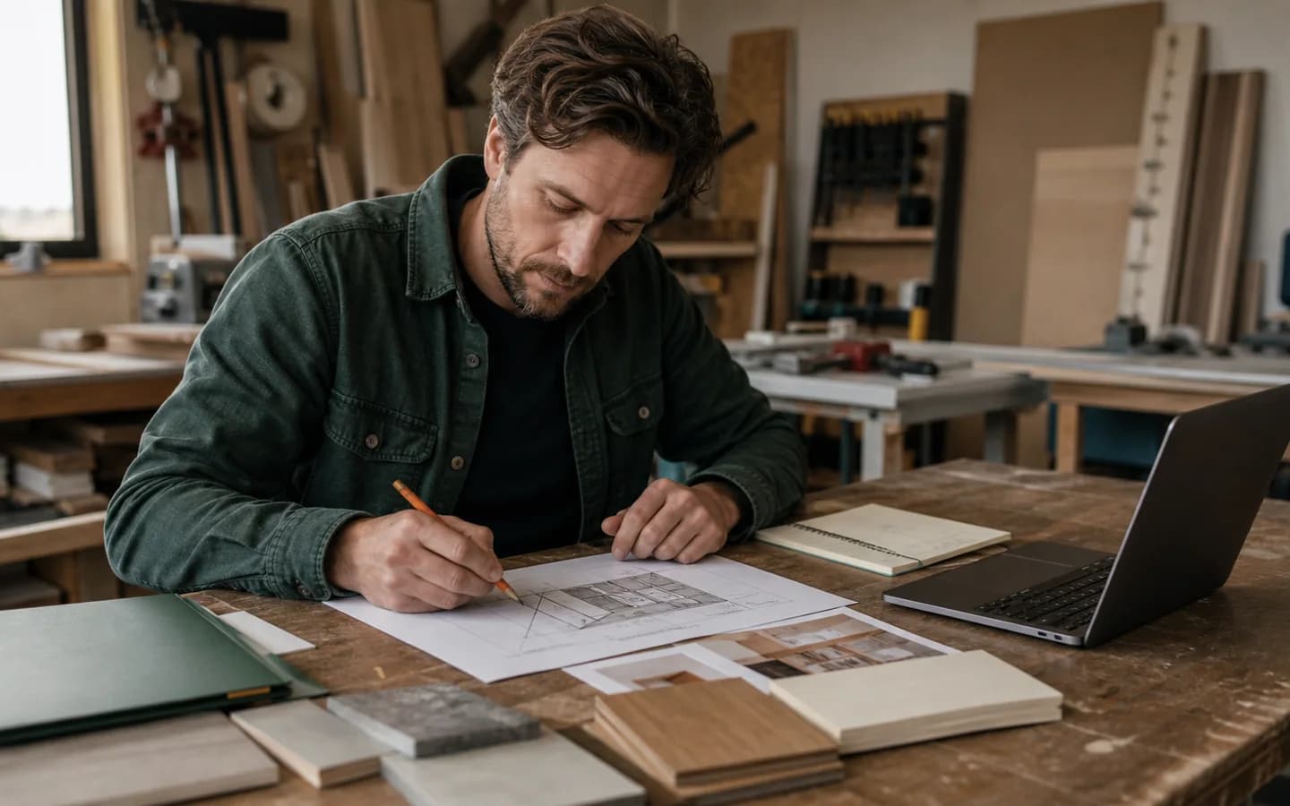 Interieurbouwer werkt een voorstel uit met tekeningen, materiaalstalen en zijn laptop.